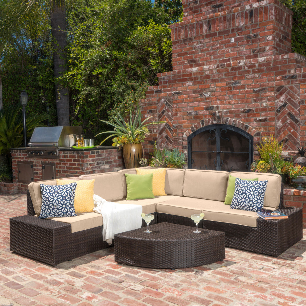 GDF Studio Reddington Outdoor 5 Seater Wicker V Shaped Sectional Sofa Set