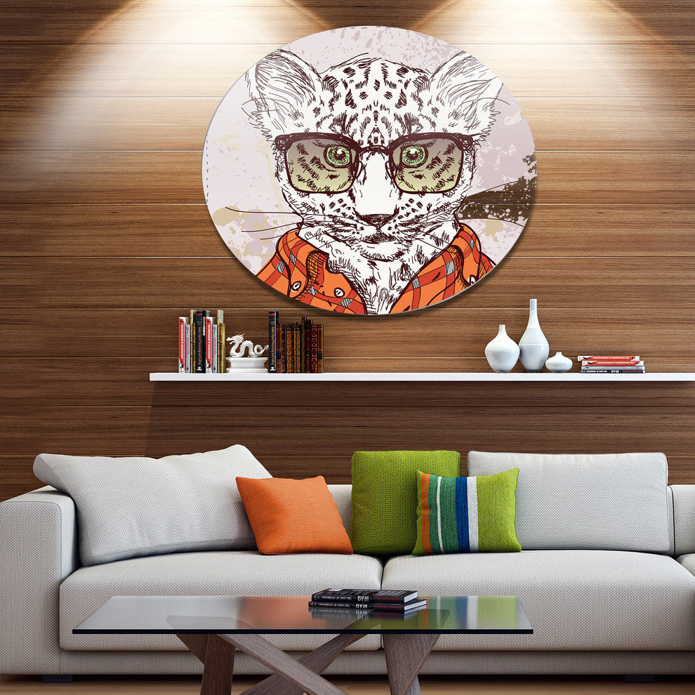 Funny Hipster Leopard With Glasses, Animal Round Metal Wall Art, 36"
