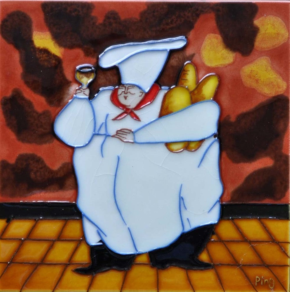 8x8" Fat Chef With Bread Ceramic Art Tile Hand Painted Trivet Hot Plate