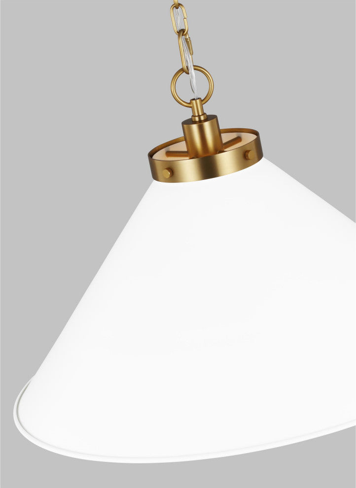 Wellfleet Wide Cone Pendant, Matte White and Burnished Brass