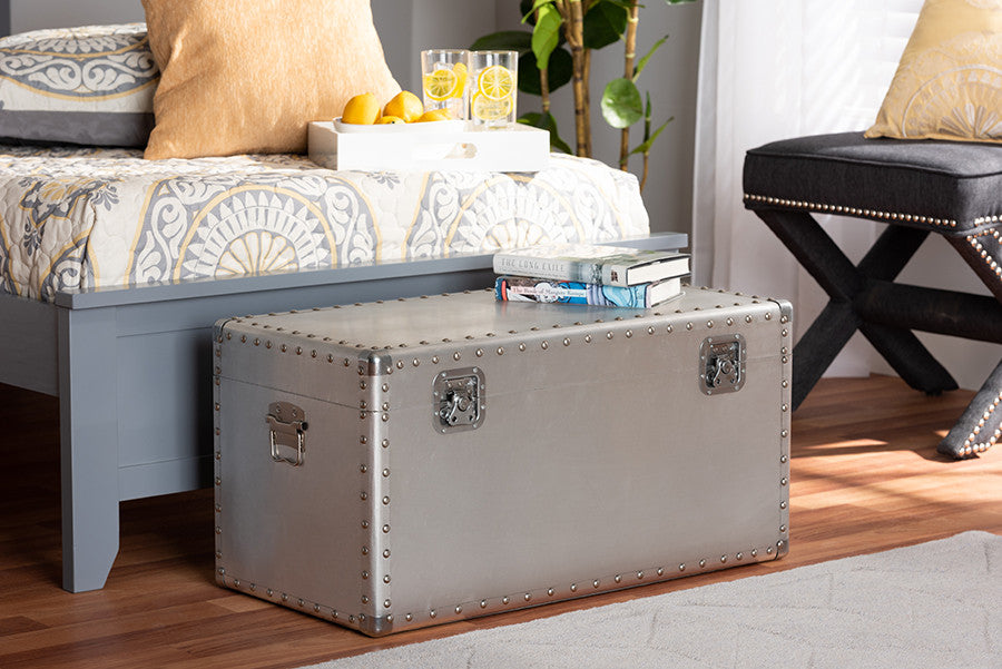 Serge French Industrial Silver Metal Storage Trunk