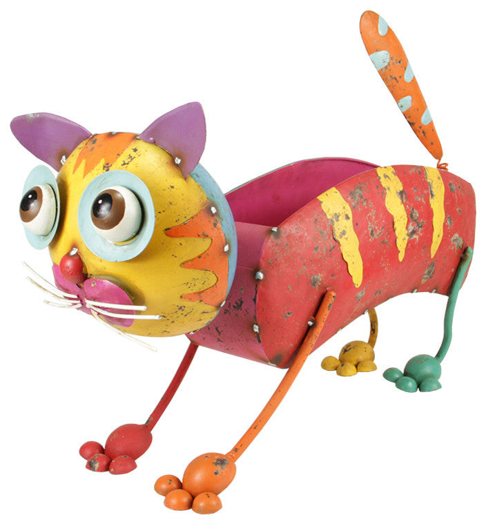 17.5" Bright Multi-Color Distressed Finished Cat Outdoor Garden Planter