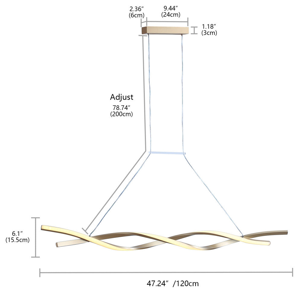 1-Light LED Linear Wavy Pendant Light Chandelier, Gold