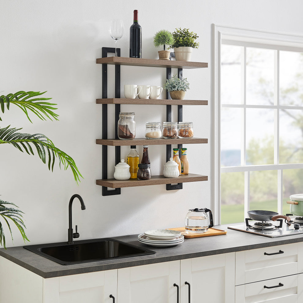 Danya B. 4-Tier Floating Bracket Wall Shelf Metal and MDF Finish, Walnut