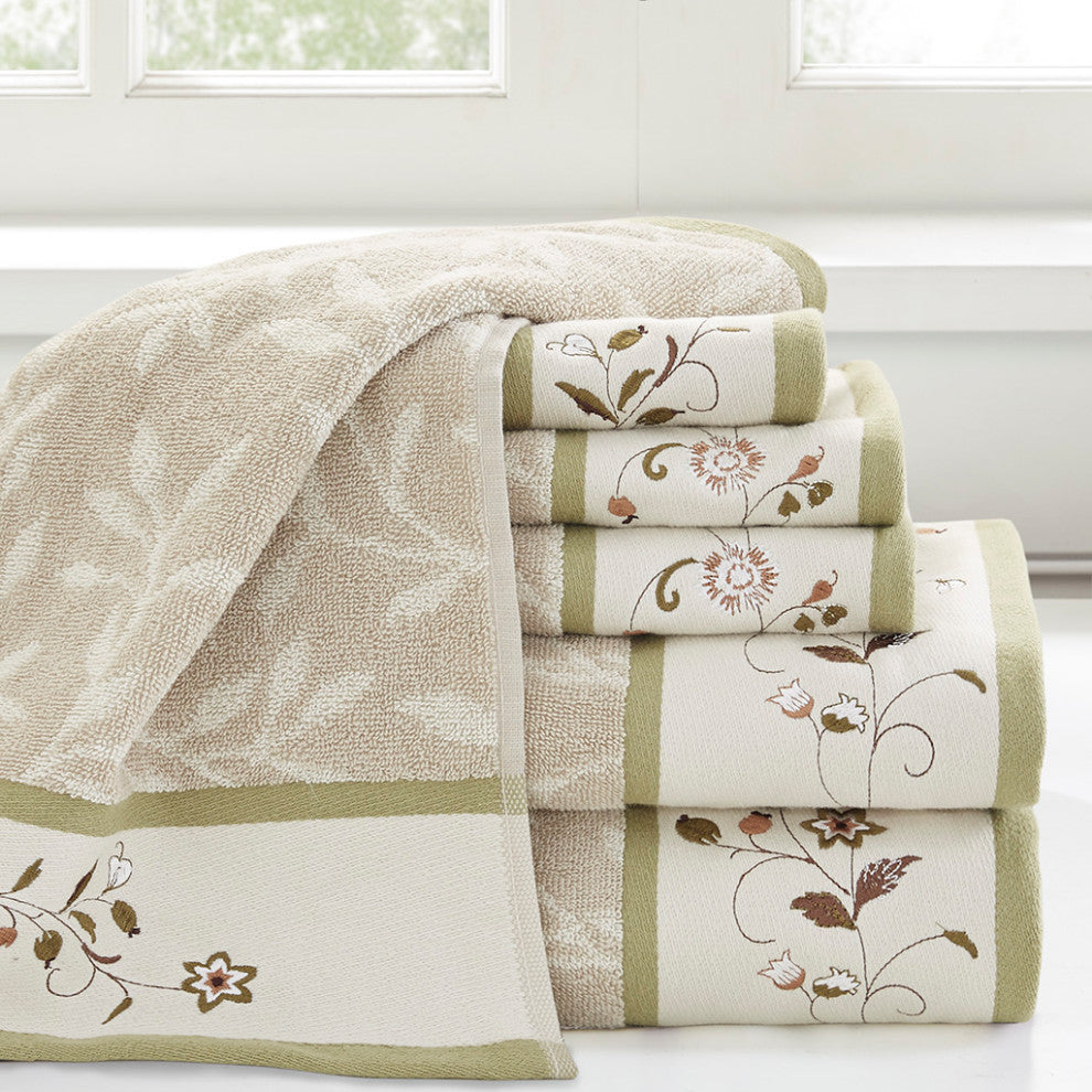 Madison Park Serene Embroidered Cotton Jacquard 6-Piece Towel Set, Green