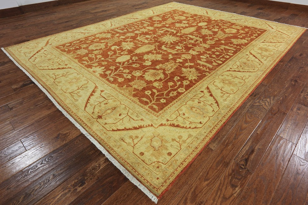 Orange Oushak Chobi Hand-Knotted Wool Rug, 9'x12'