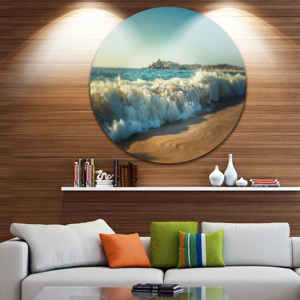 Stormy Waves Hitting Beach Sand, Modern Beach Disc Metal Wall Art, 36"
