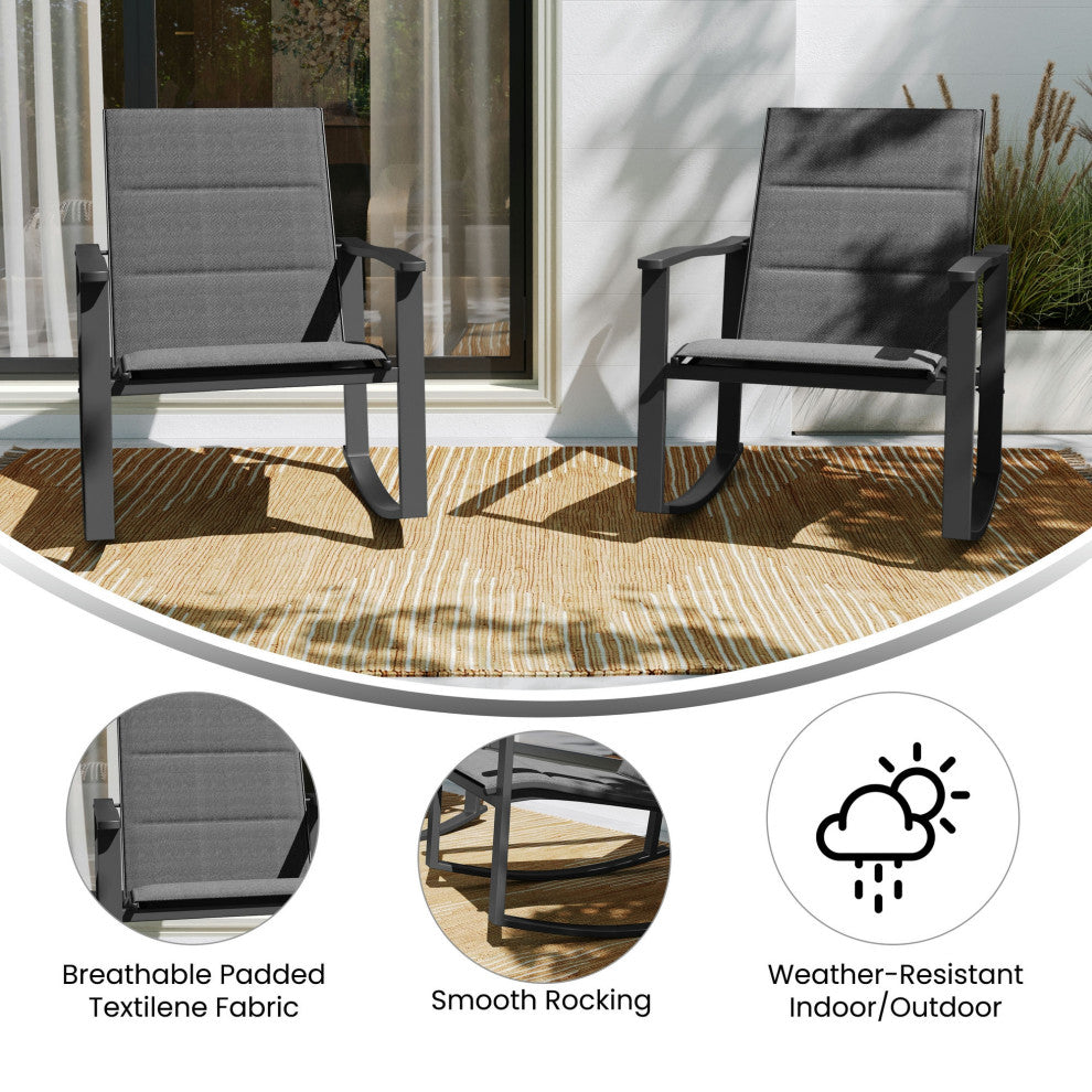 Set of 2 Outdoor Rocking Chairs with Flex Comfort Material and Metal Frame, Black