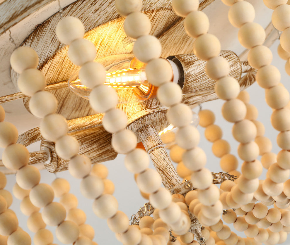 2-Lights Antique Rustic Wood Beaded Flush Mount Light