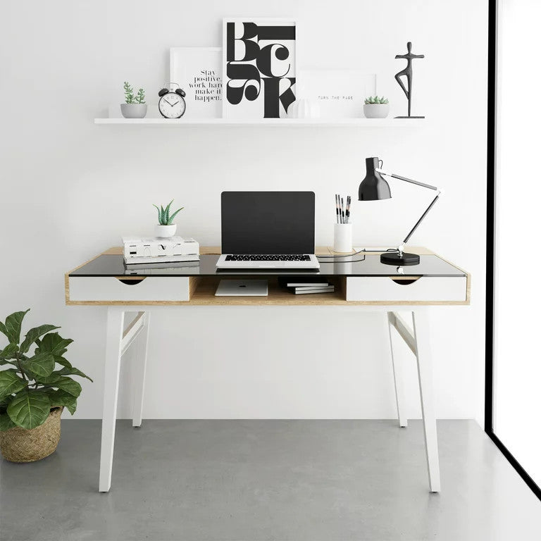 Unique Desk, Tempered Glass Worktop & Flip Up Back for Cable Management, Walnut