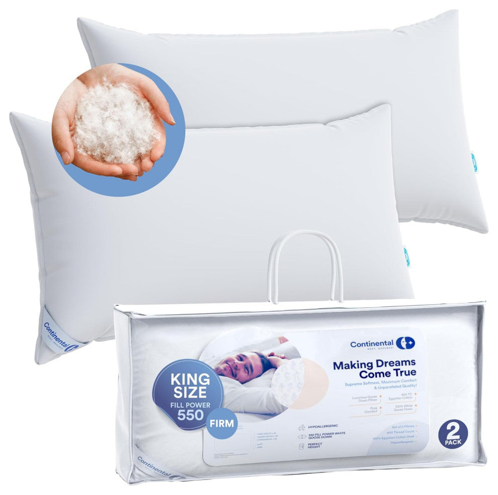 Continental Bedding - 550 Fill Power Down Pillow, King (Set of 2), Firm