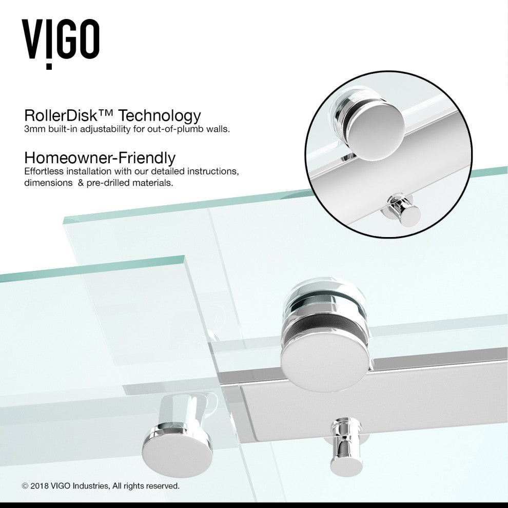 VIGO Luca 56" to 60" W x 58" H Frameless Sliding Tub Door, Chrome, Clear Glass