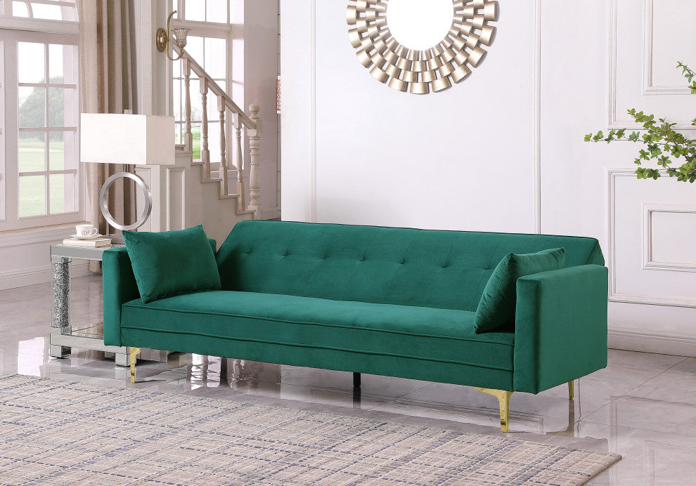 Siena Velvet Convertible Sleeper Sofa With Pillows, Emerald Green
