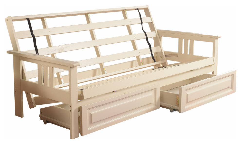 Caleb Frame Futon With Antique White Finish, Storage Drawers, Suede Peat