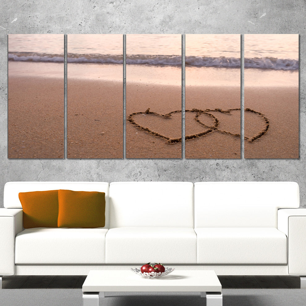 "Two Hearts Drawn on The Beach" Seascape Art Canvas, 5 Panels, 60"x28"