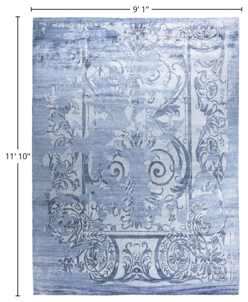 Modern, One-of-a-Kind Hand-Knotted Area Rug - Blue, 9' 1" x 11' 10"
