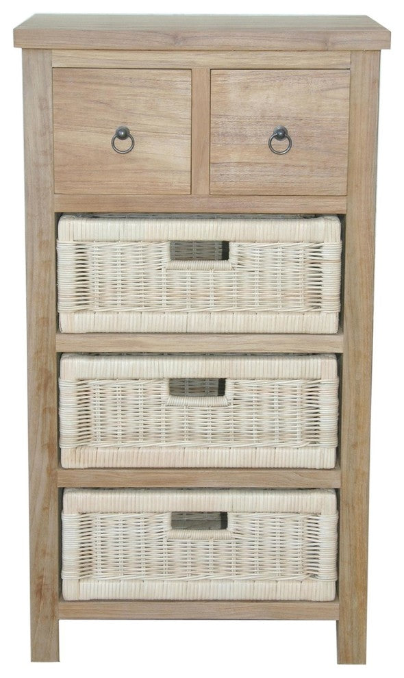 Anderson Teak TB-2130C Safari Occasional Table With Drawer & Rattan Baskets
