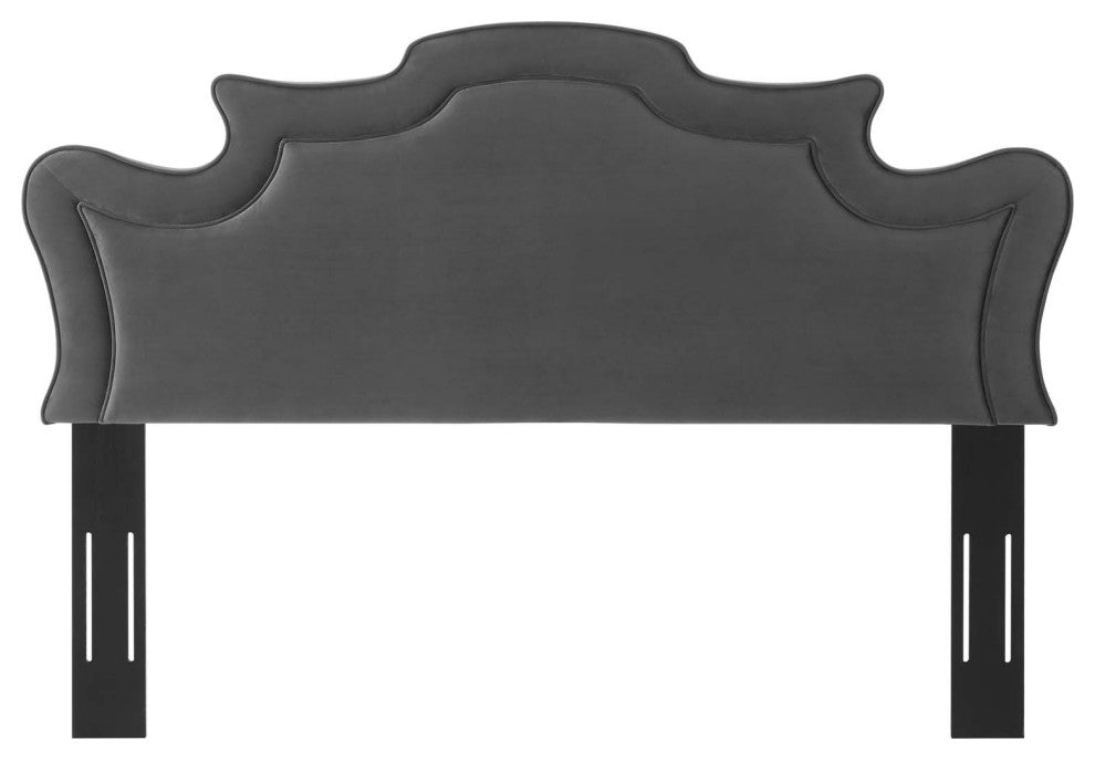Headboard, King California, Charcoal Gray, Velvet, French, Mid Century