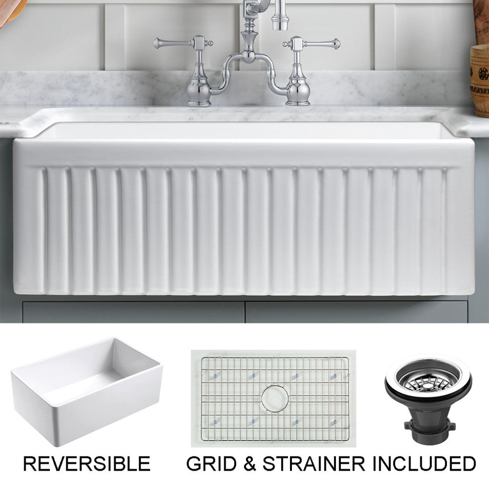 Sutton Place Reversible Farmhouse Single Bowl Kitchen Sink, Grid, Strainer, 27"