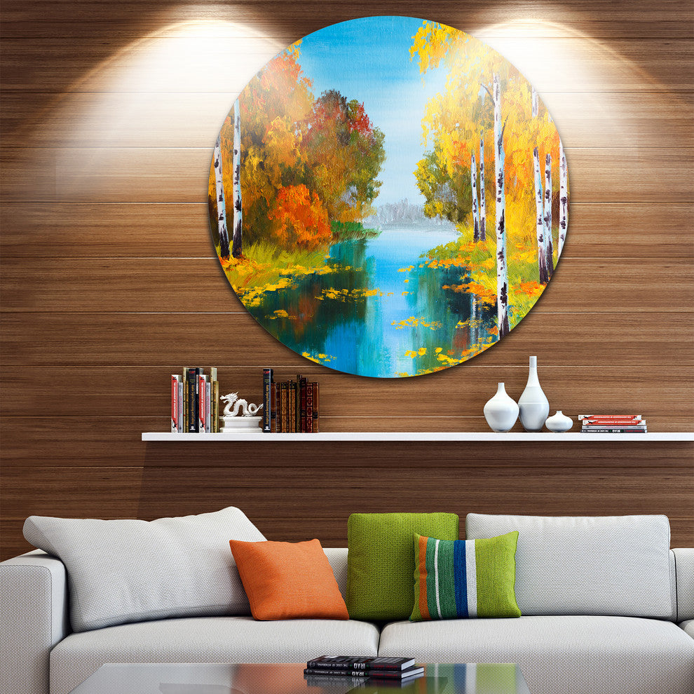 Birch Forest Near The River, Landscape Round Wall Art, 36"