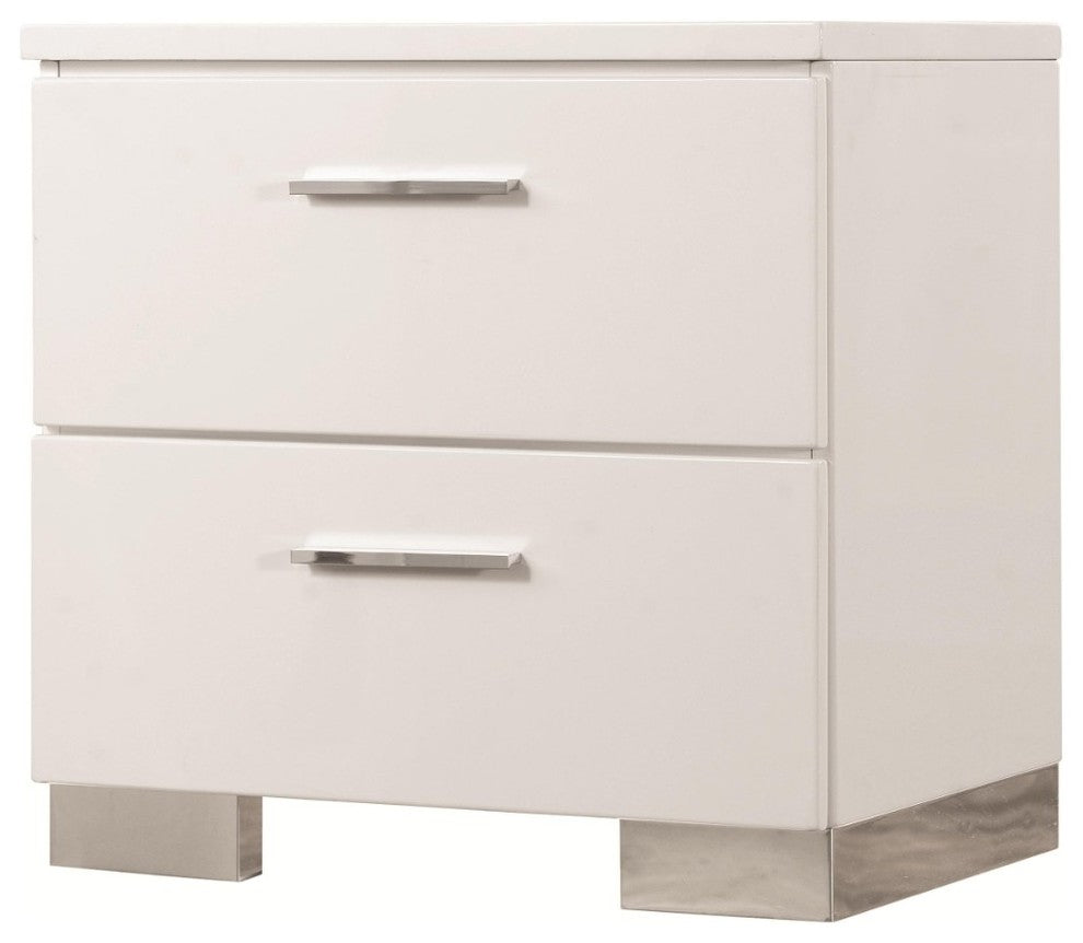 Benzara BM185310 Wooden Nightstand with 2 Drawers and Chrome Metal Legs, White