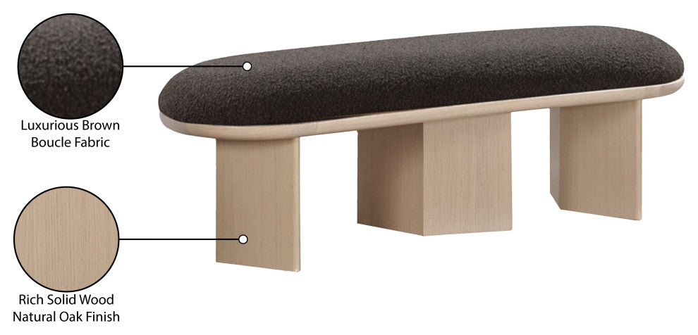 Wilshire Boucle Fabric Upholstered Bench, Brown, Natural Oak Finish