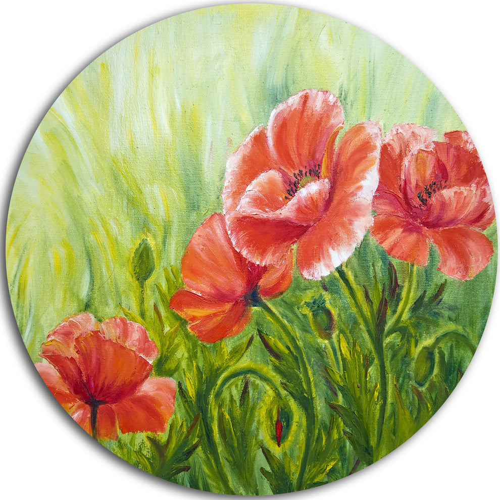 Blooming Poppies With Green Leaves, Floral Disc Metal Artwork, 36"