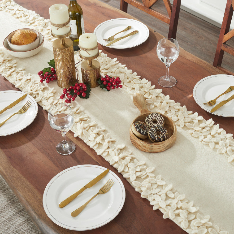 Hand Felted Wool Floral Border Table Runner in Cream, 16x90"