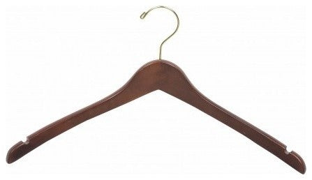 Wooden Curved Top/Coat Hanger, Walnut/Brass Finish, Box of 100