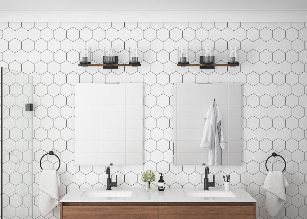 Farmhouse Black 3-Light Cylinder Clear Glass Vanity Light for Bathroom