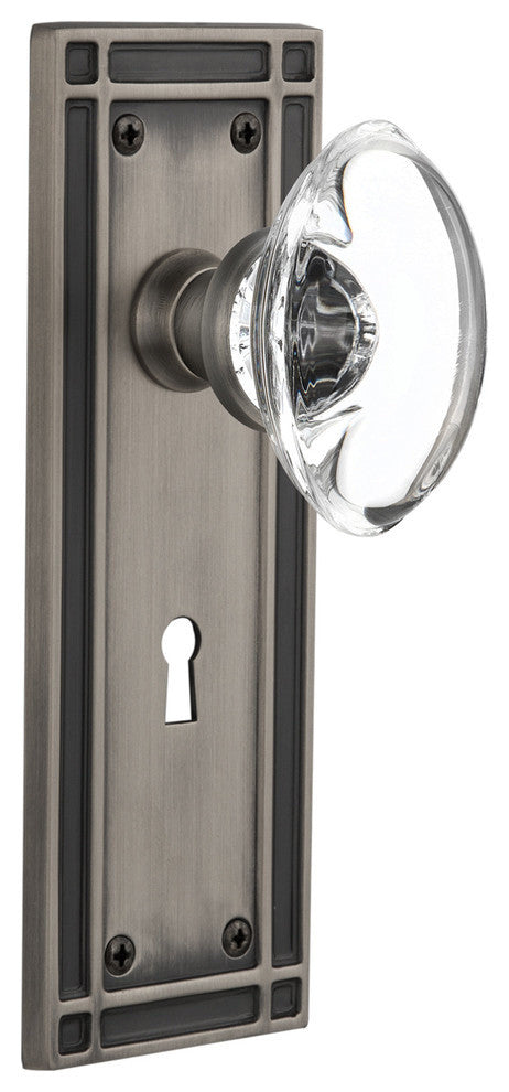 Mission Plate With Oval Clear Crystal Knob, Antique Pewter