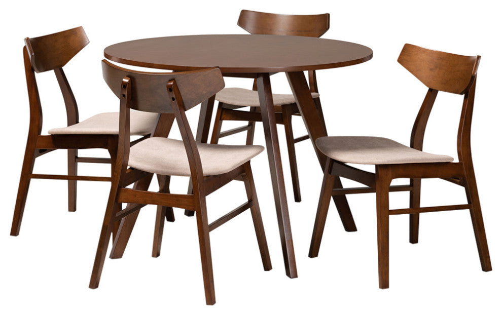 Reedsport Mid-Century Walnut Effect 5-Piece Dining Set, Light Beige/Walnut Brown