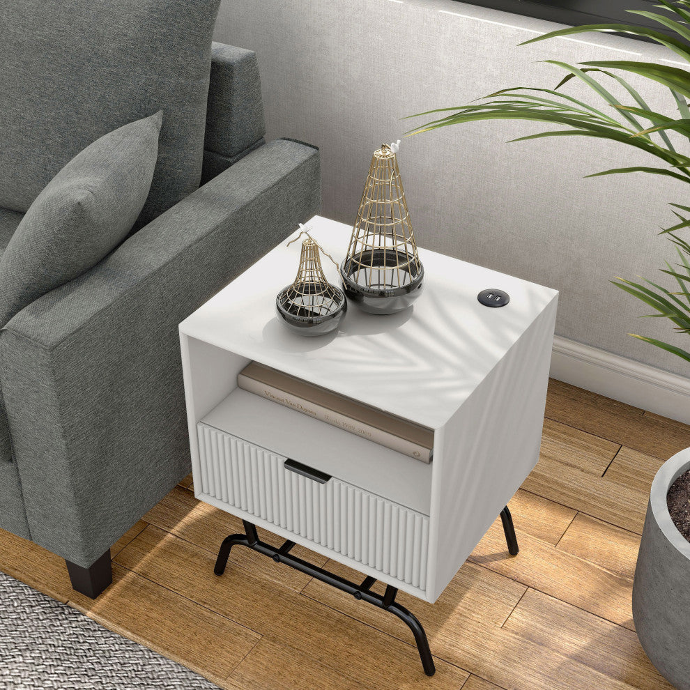 Danel Modern 18" Rectangle End Table With Drawer and USB Ports, White