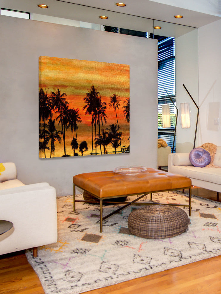 "Palms Against Gold Sky" Fine Art Canvas Print, 48"x48"