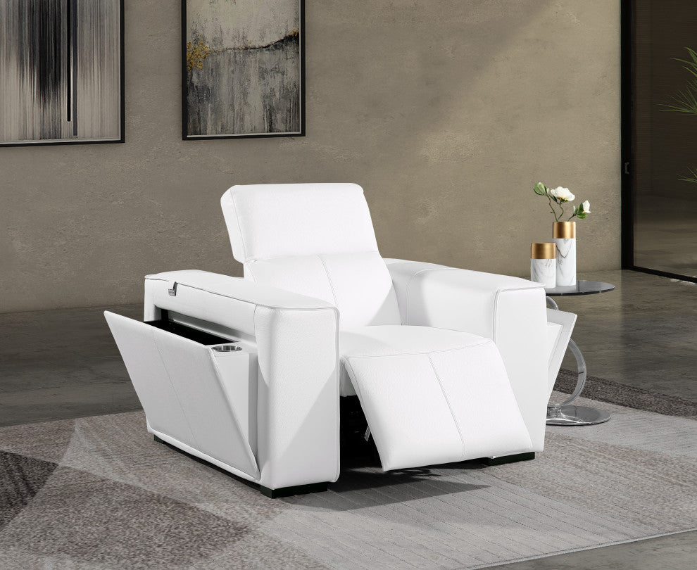 Niccolo Italian Leather Power Reclining Arm Chair With Power Headrests, White
