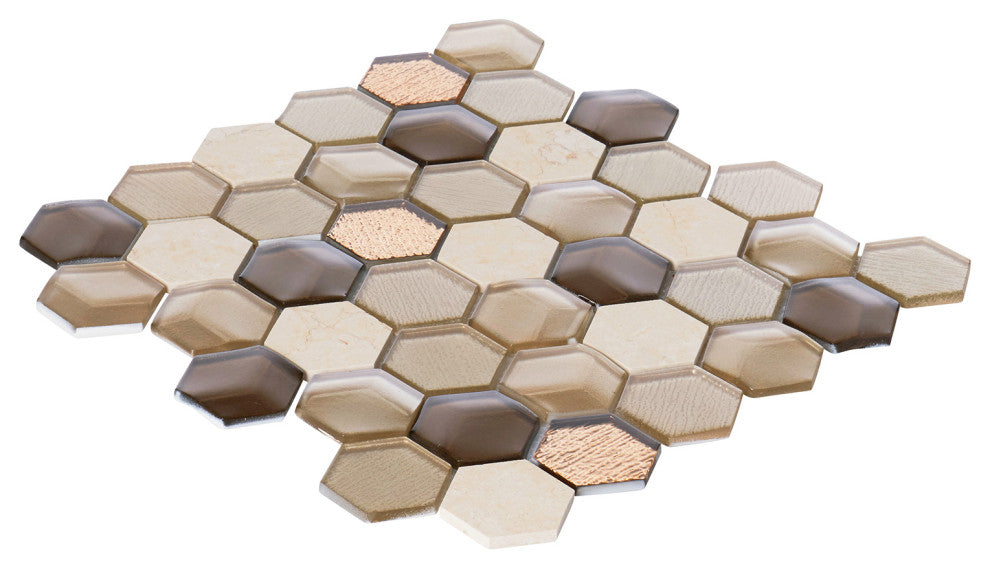 Hexagon Stone Metallic Beige 3D Insert Glass Mosaic Tile, 13"x13", Single Sheet