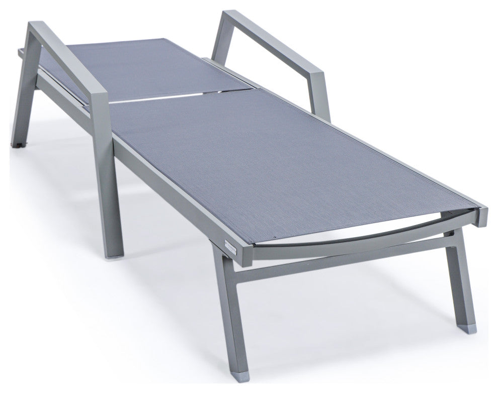 LeisureMod Marlin Chaise Lounge Chair With Arms and Fire Pit Table, Dark Gray