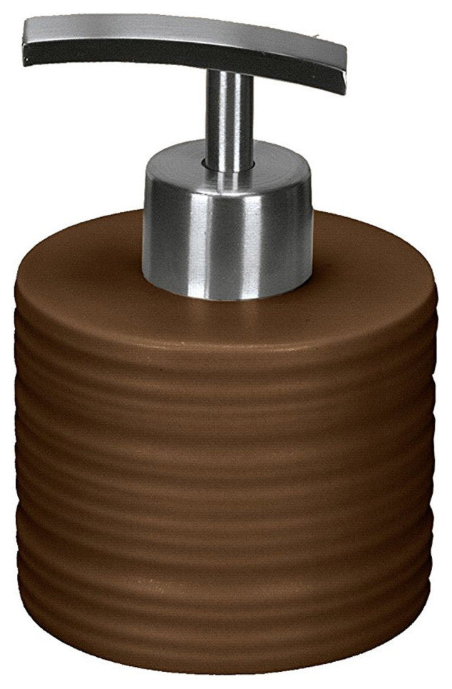 Round Porcelain Bathroom Accessories, Sahara, Soap Dispenser Short, Nut Brown