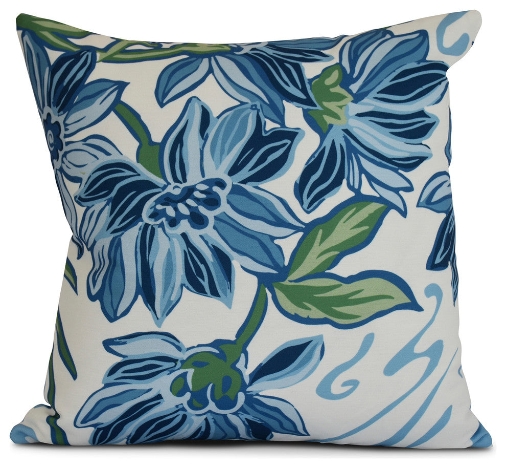18x18", Floral Outdoor Pillow, Blue
