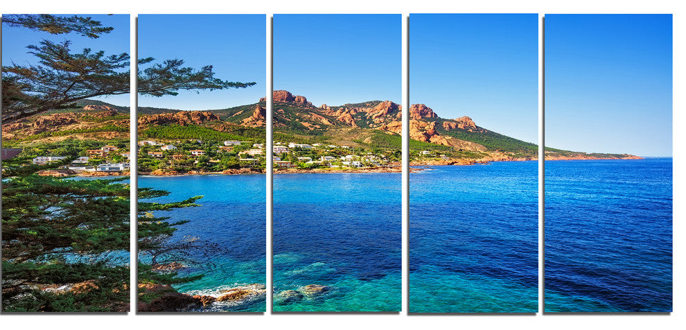 "Esterel Rocks Beach Coast in Blue" Seashore Wall Art, 5 Panels, 60"x28"