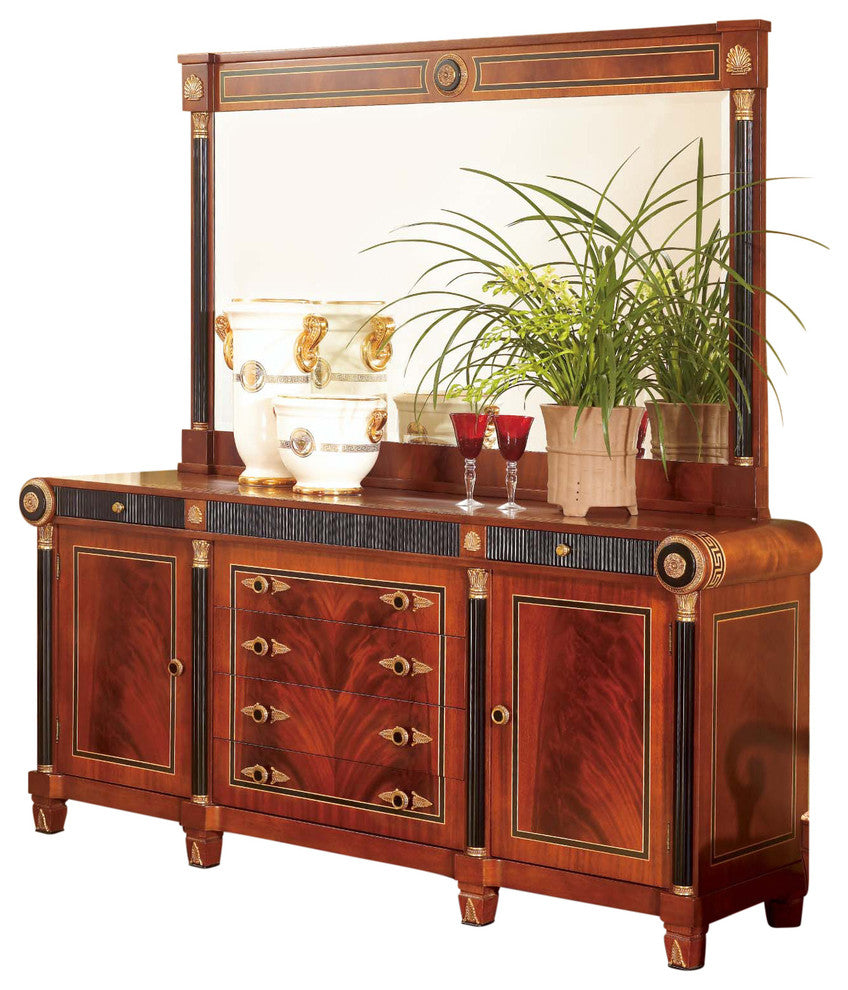 Wooden Buffet With Bronze and Black Accents