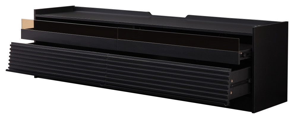 GDF Studio 4-Drawer Storage TV Stand, LED Lighting & Charging Ports, Black