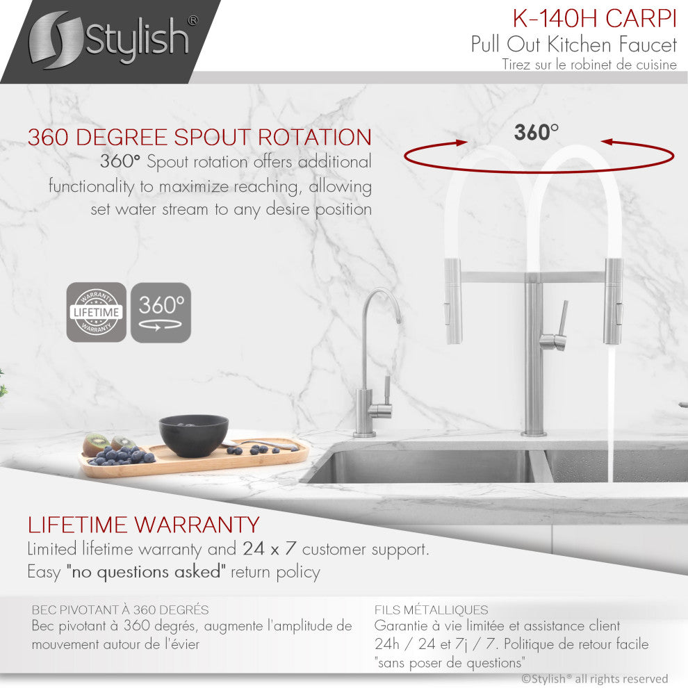 STYLISH Stainless Steel Single Handle Pull Out Dual Mode Kitchen Faucet, White