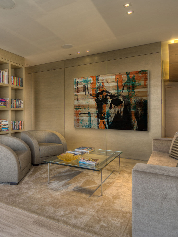 "Orange Teal Steer" Painting Print on Natural Pine Wood, 36"x24"