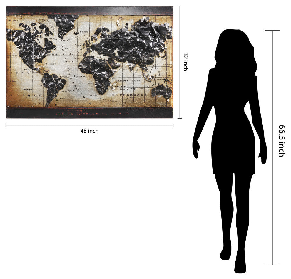 "World Map" Wall Art Mixed Media Iron Hand Painted Dimensional Wall Sculpture