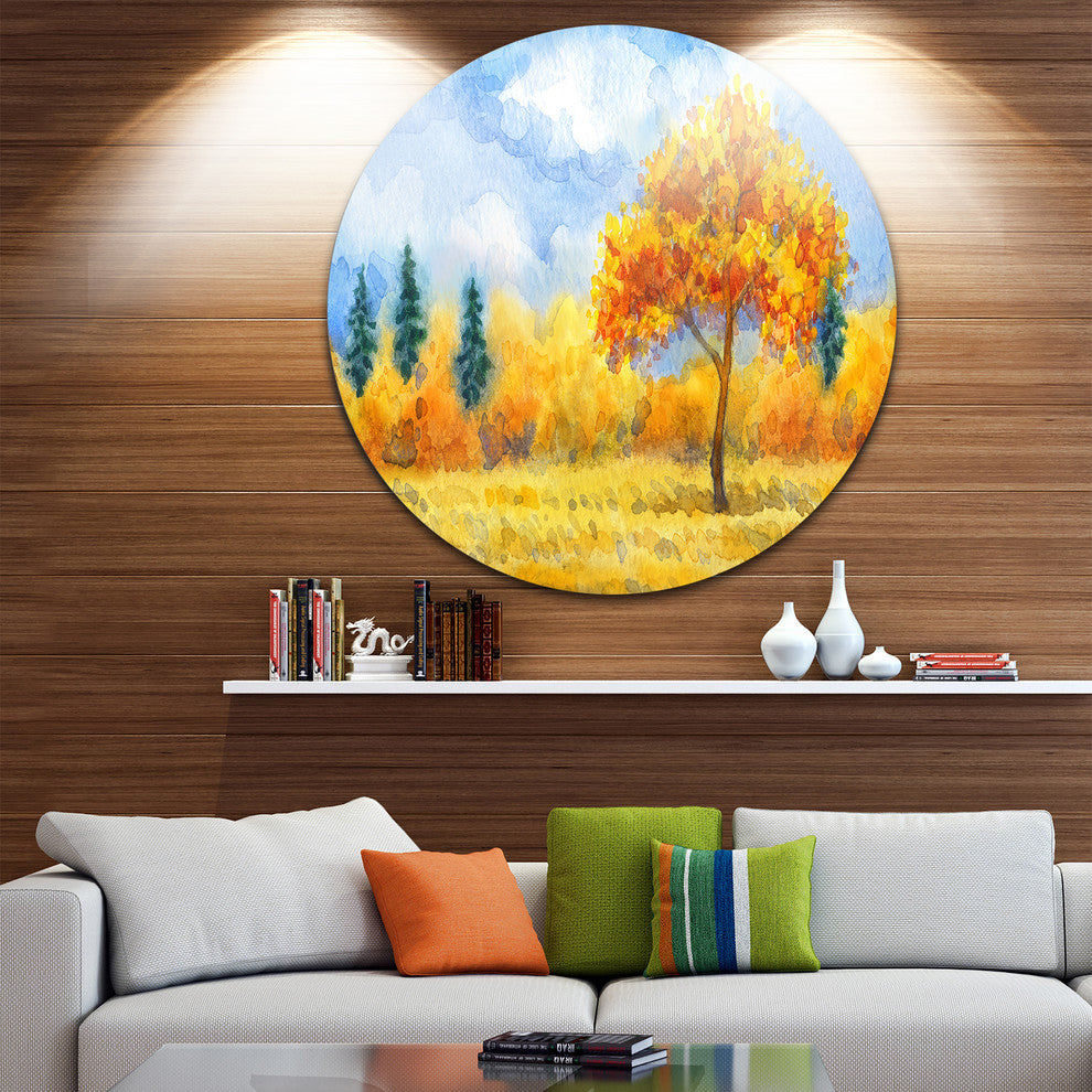Yellow Trees, Watercolor Painting Landscape Disc Metal Wall Art, 36"