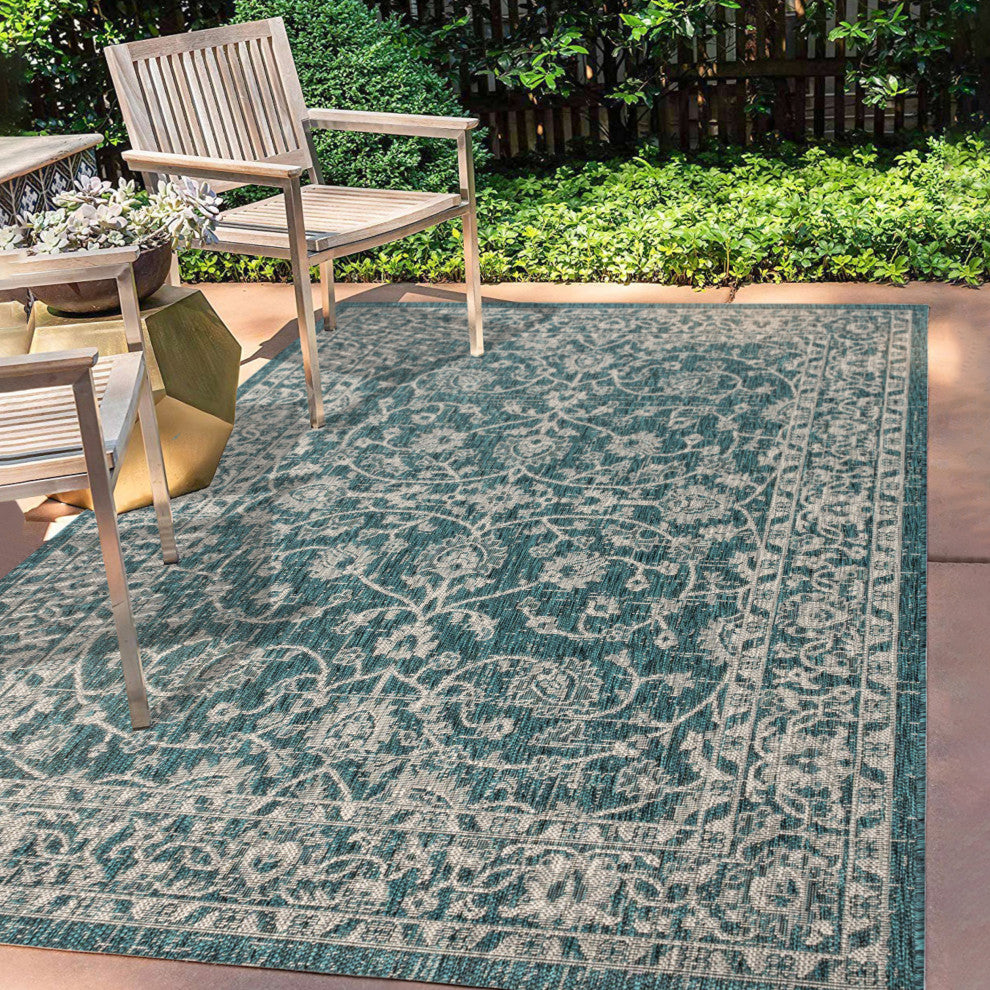 Palazzo Vine and Border Textured Weave Indoor and Outdoor Area Rug, Teal and Gra