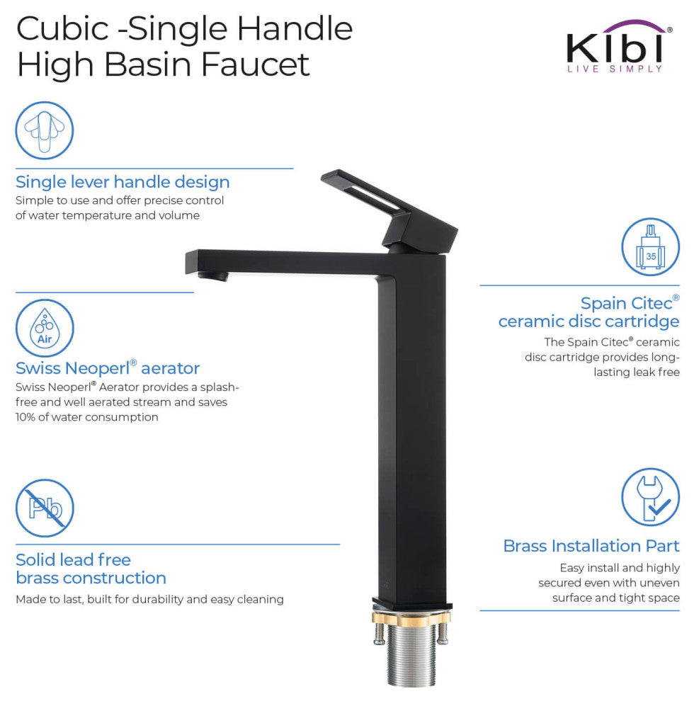 Cubic Single Handle Vessel Sink Faucet KBF1003, Matte Black, W/ Drain