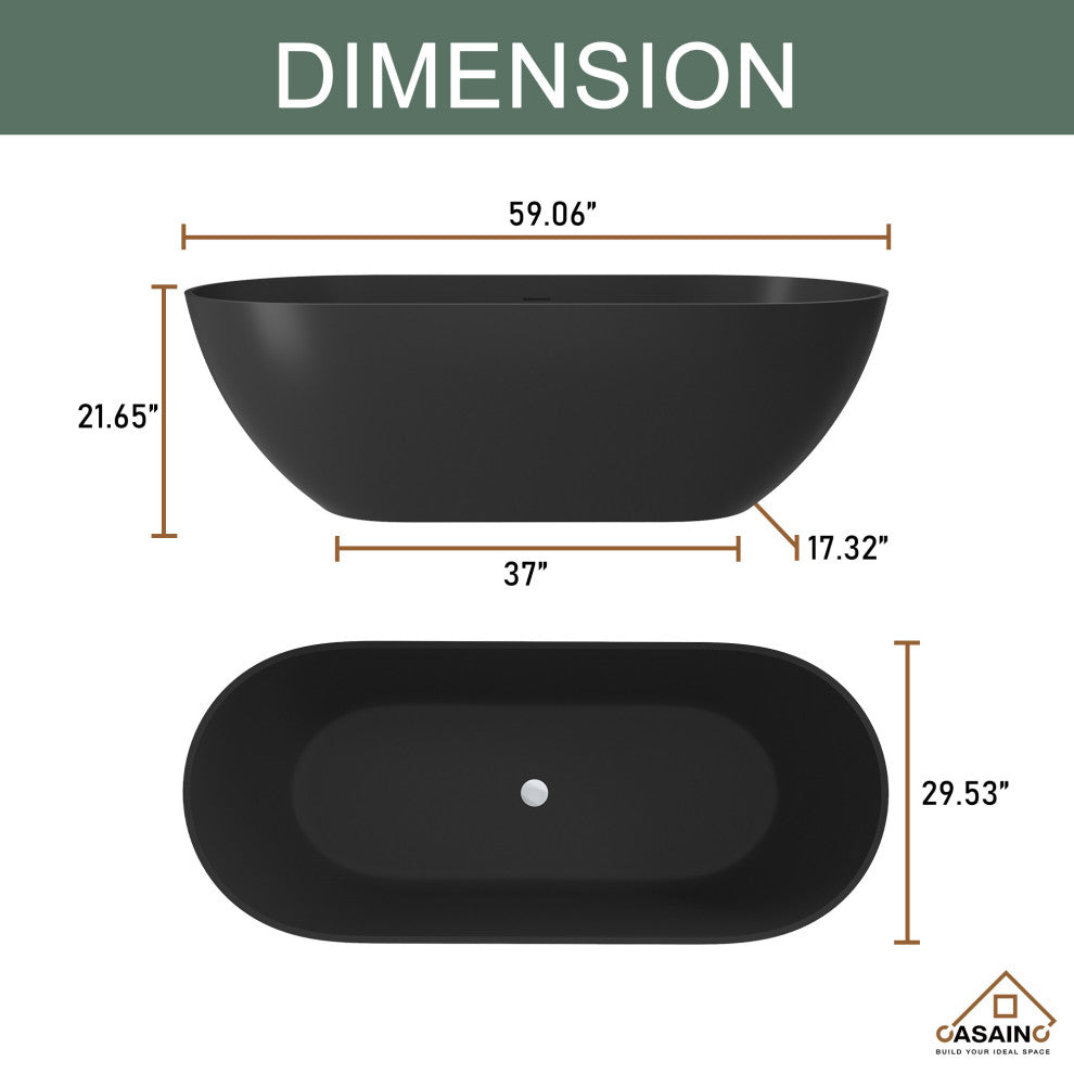 59in Solid Surface Freestanding Bathtub in Matte Black, 59in