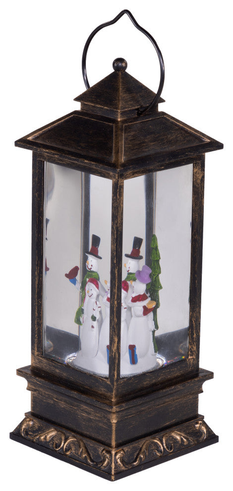 11"H Indoor Lantern Snowman Snow Globe Holiday Decoration with LED Light, Bronze